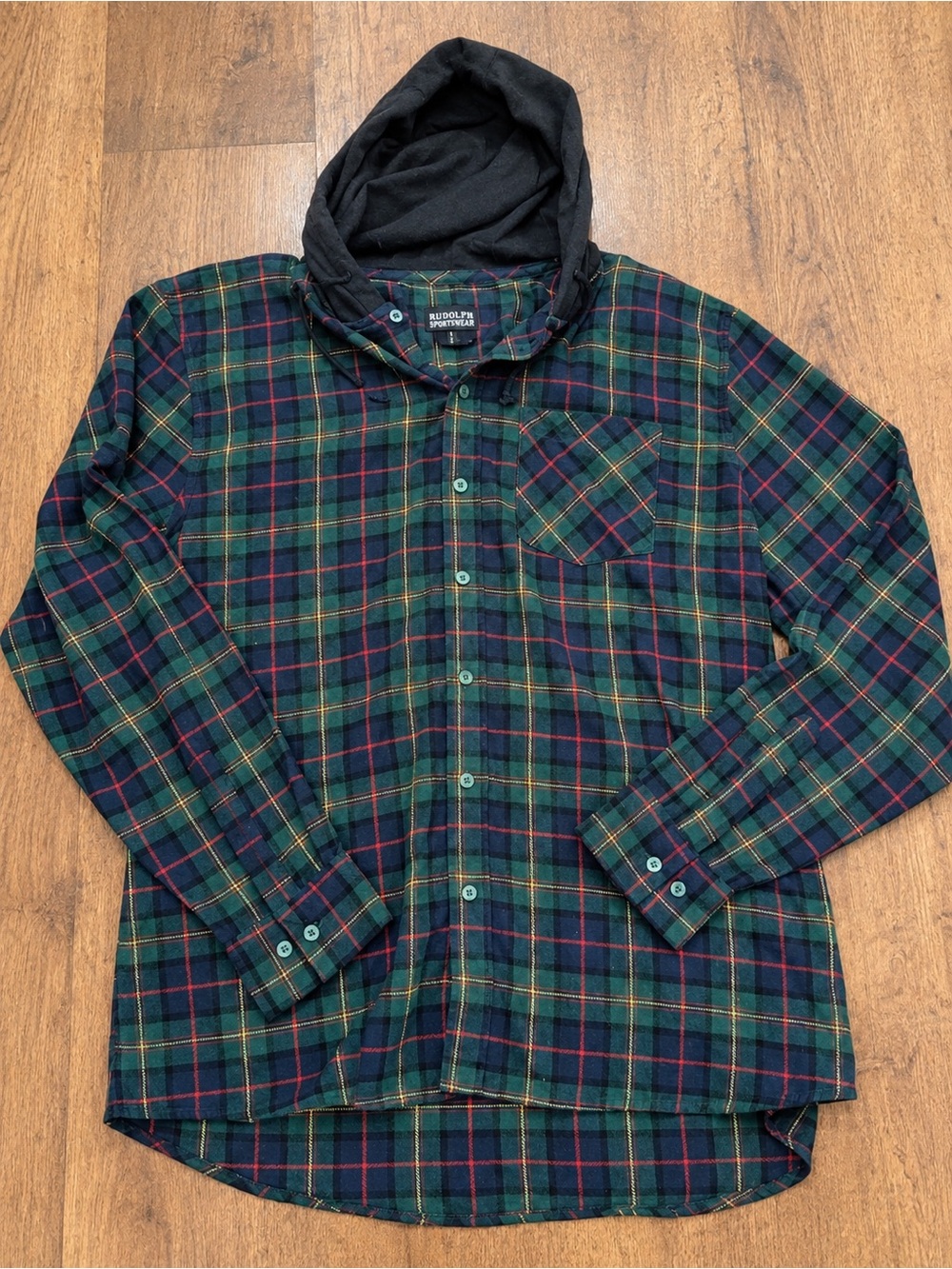 Rugged Flannel Hooded Shirt Jacket - Green Plaid Y2K Grunge